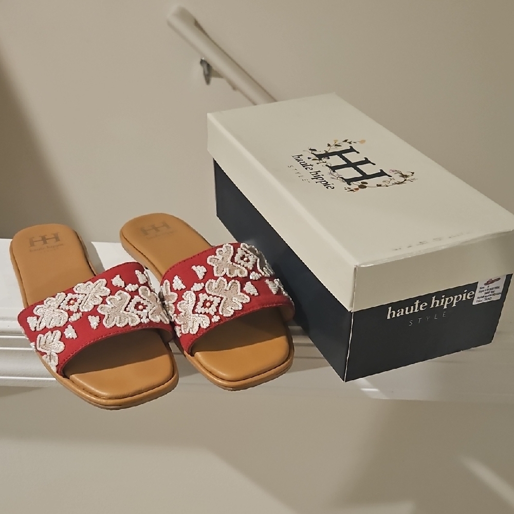 Haute Hippie Red Embroidered Slide Mules with Tan Footbed